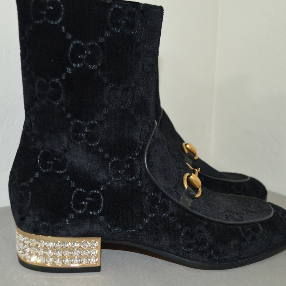 Gucci 'Mister GG' Monogram Velvet Horsebit With Rhinestone Black Boots SZ 37.5 - Picture 6 of 14